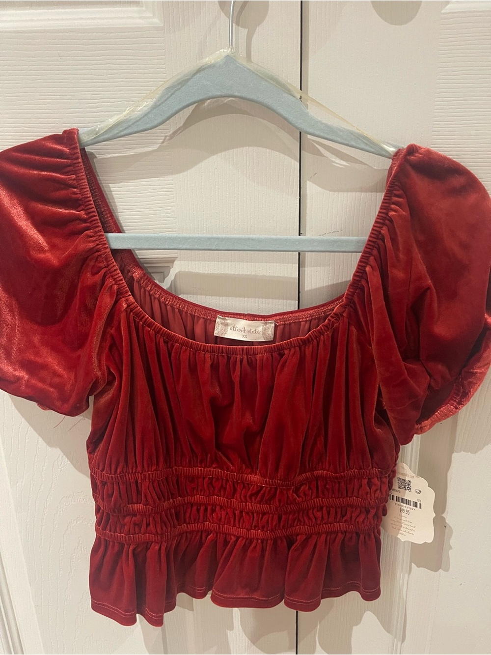 Altar'd State Red Velvet Puff-Sleeve Crop Top
